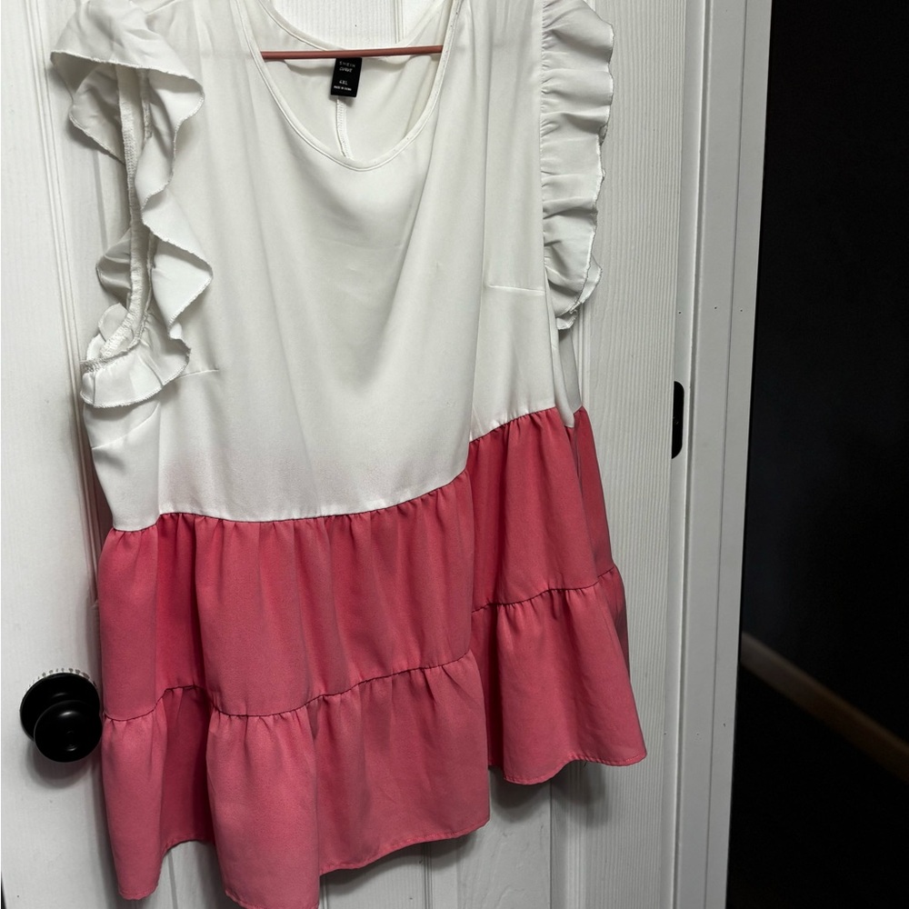 White and Pink Ruffle Sleeve Women's Top